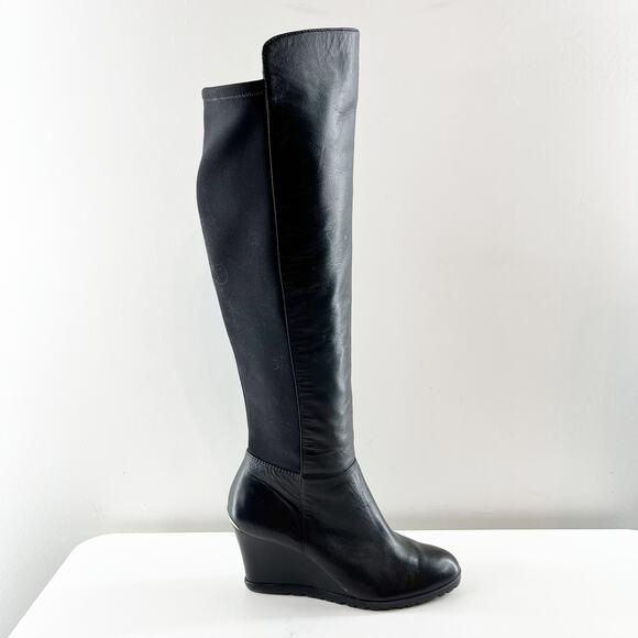 Michael Kors Knee High Leather Bromley Wedge Riding Boots Black 8 - Picture 1 of 12
